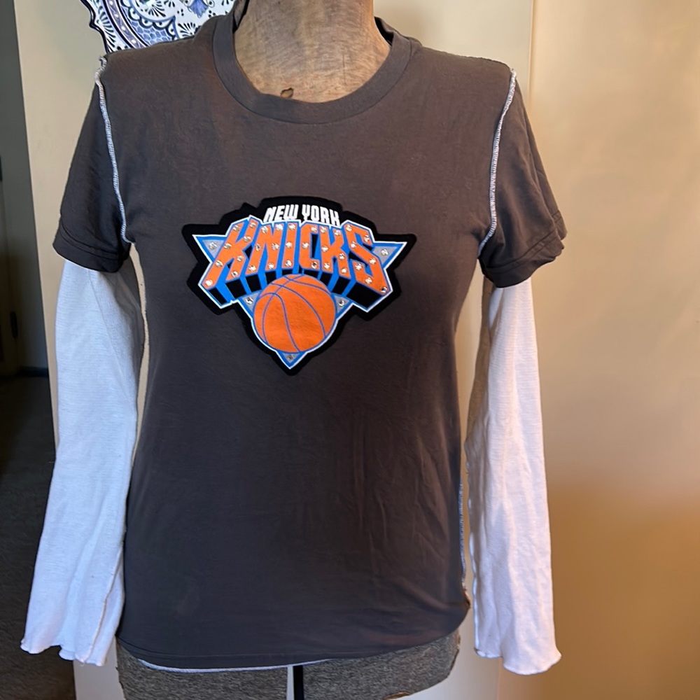 Majestic New York Knicks Layered-Look Long Sleeve Top - Charcoal, White, Orange